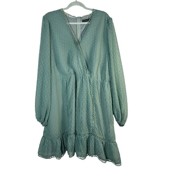 Simplee Plus Dresses & Skirts - Swiss Dot Mini Dress Mint Green Long Sleeve Guipure Lace Wrap Plus Size 4XL